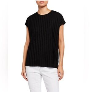Eileen Fisher Wide Rib Knit Short Sleeve Tunic Top in Black Tencel crew neck M